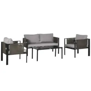 Best 4 Piece Metal Garden Furniture Set with Tempered Glass Coffee Table, Texteline Pocket, Outdoor Set Loveseat Single Armchairs with Padded Cushions, Light Grey