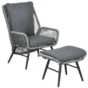 Best String Rattan Armchair and Footstool Set, with Cushions - Grey