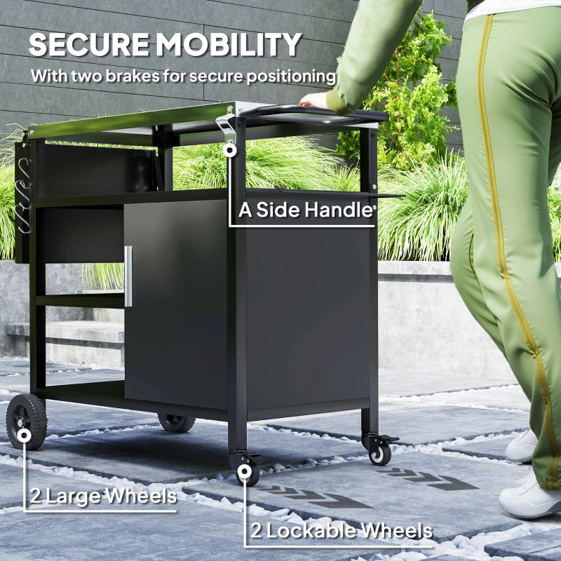 Best Outdoor BBQ Trolley with Foldable Side Table, Stainless Steel Top, Outdoor Kitchen with Wheels Hooks Shelves Cabinet, Pizza Oven Table Movable Outdoor Grill Dining Cart with Cover, Black - Image 8