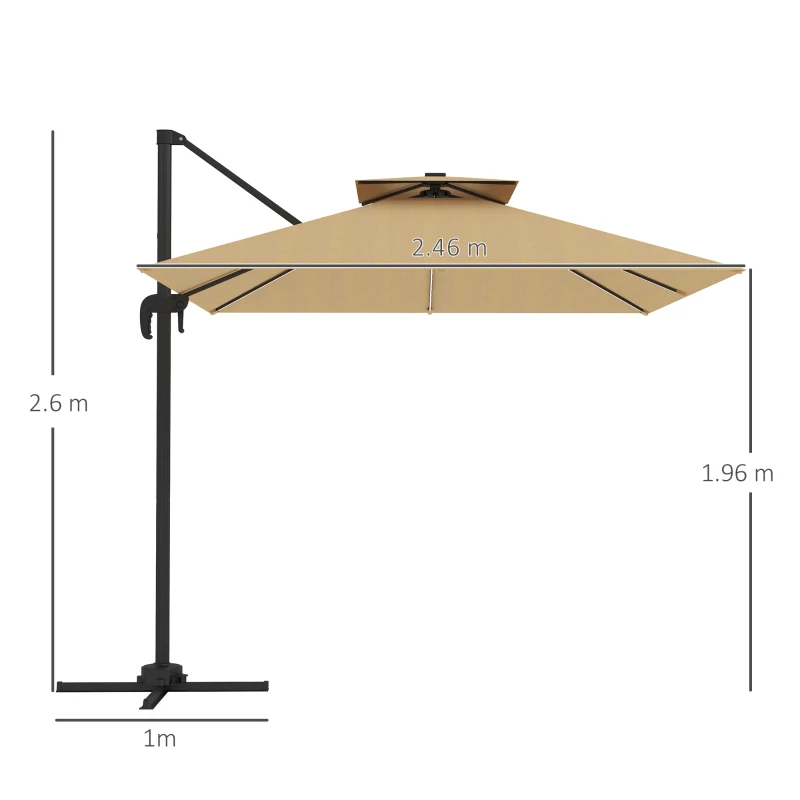 Best 2.5m Cantilever Parasol with Solar Powered LED Lights, 360° Rotation, Tilt Adjustment, Crank Handle, Khaki - Image 3