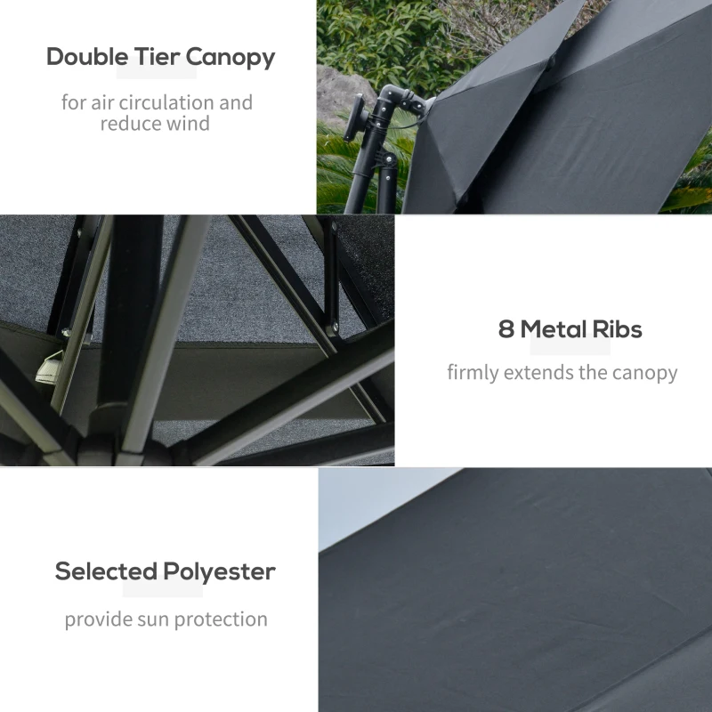 Best 3(m) Cantilever Banana Parasol Hanging Umbrella with LED Solar lights, Crank, 8 Sturdy Ribs and Cross Base for Outdoor, Garden, Patio, Black - Image 7