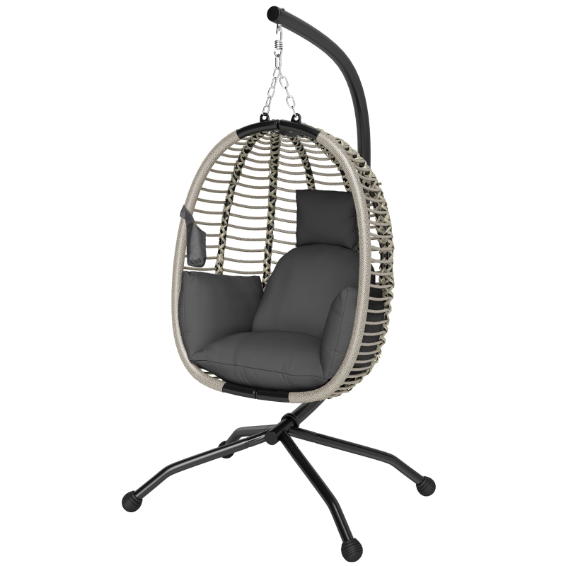 Best Outdoor Swing Chair with Thick Padded Cushion, Patio Hanging Egg Chair with Metal Stand, Foldable Basket, Cup Holder, Rope Structure for Indoor & Outdoor, Dark Grey - Image 11