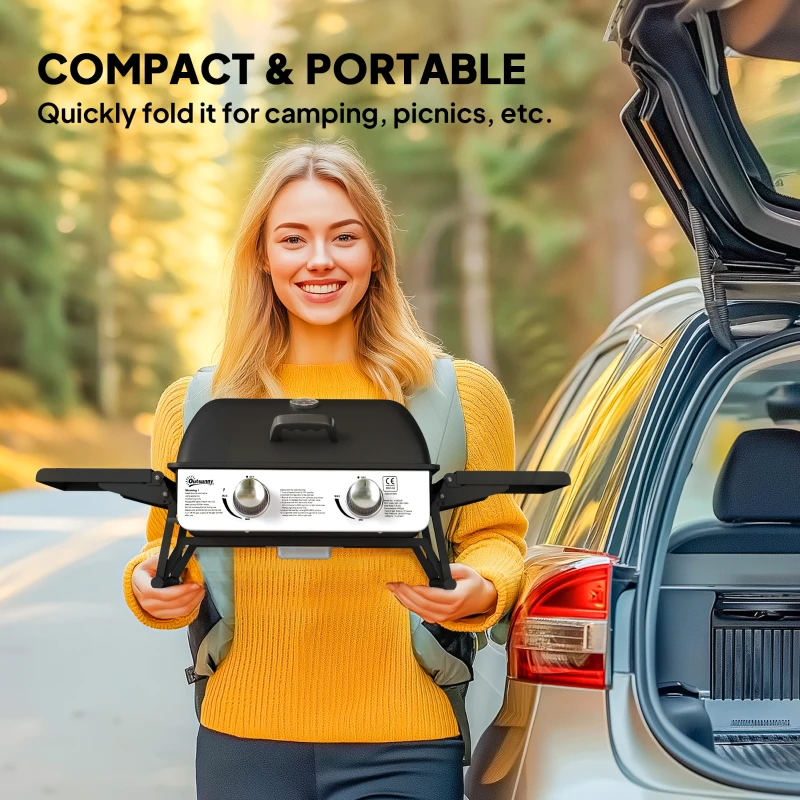 Best 2 Burner Gas BBQ Grill with Foldable Side Tables, Portable Tabletop Gas Barbecue Grill with Built-in Thermometer, Lid, Grease Tray for Garden Party Camping Picnic Outdoor Cooking 5.6KW, Black - Image 4