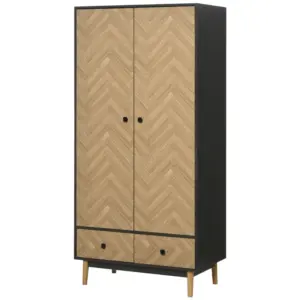Best Modern Wardrobe Cabinet Wood Grain Sticker Surface with Shelf, Hanging Rod and 2 Drawers 90x50x190cm
