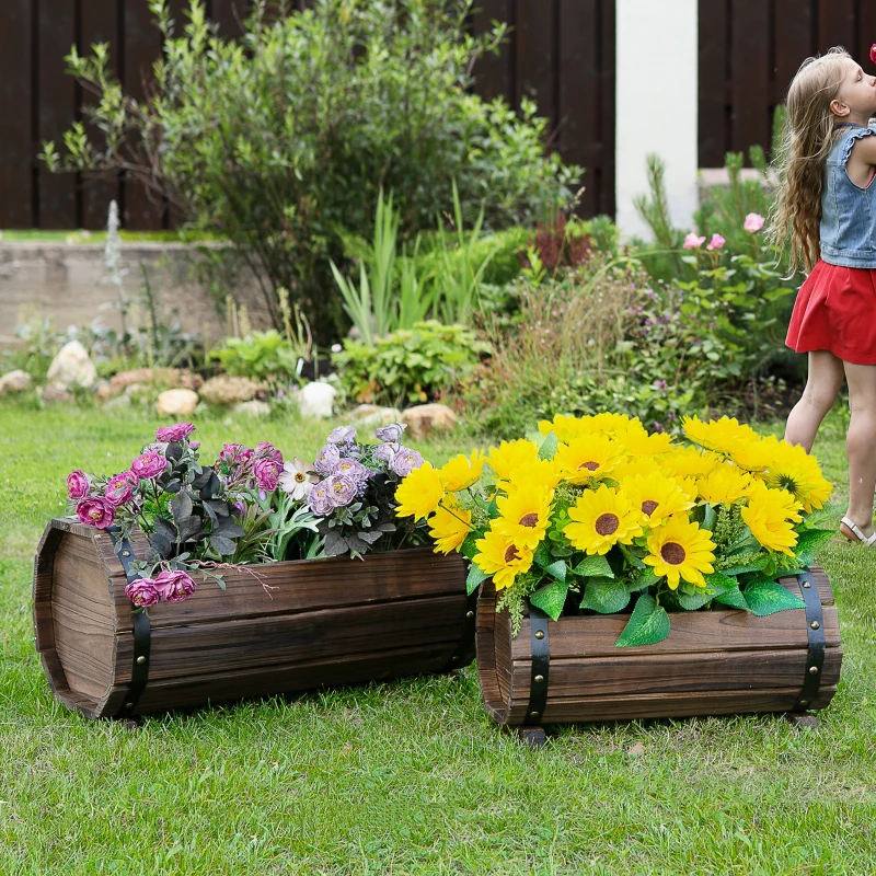 Best 2PCs 56L Wooden Planter Box Flower Plant Pot Outdoor Flower Beds Plant Box with Solid Wood Carbonized Colour - Image 2