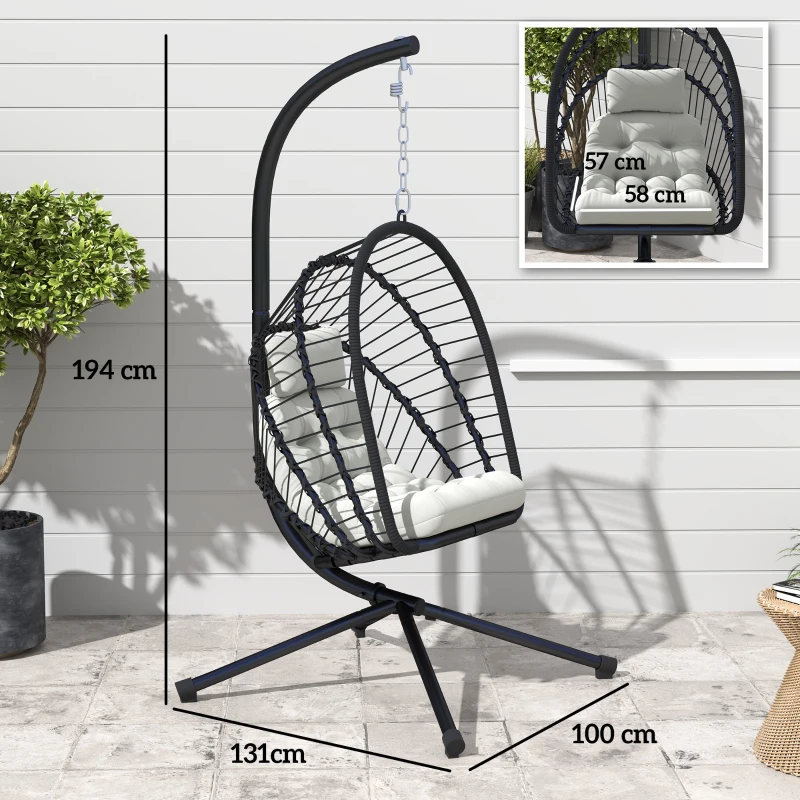 Best Outdoor PE Rattan Swing Chair with Foldable Basket and Cushion, Garden Patio Hanging Egg Chair with Metal Stand, Headrest for Indoor and Outdoor, Black - Image 3