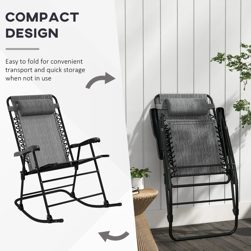 Best Folding Rocking Chair Outdoor Portable Zero Gravity Chair w/ Headrest Grey - Image 4