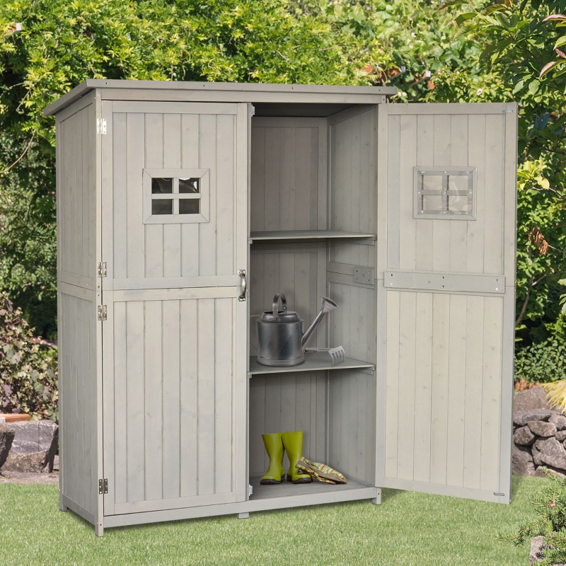 Best Wooden Garden Shed with Two Windows, Tool Storage Cabinet, Outdoor Double Door Organizer 127.5L x 50W x 164H cm, Grey - Image 10