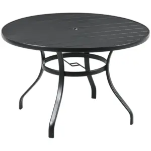 Best Garden Table with Parasol Hole, Outdoor Dining Garden Table for Four Persons, Round Patio Table with Slatted Metal Top, Black
