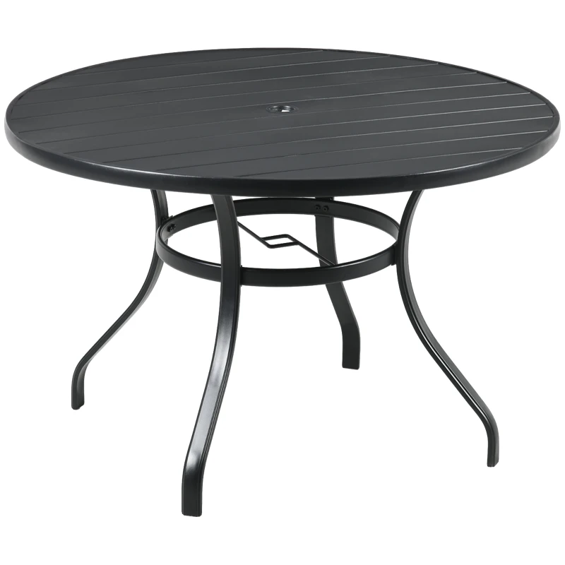 Best Garden Table with Parasol Hole, Outdoor Dining Garden Table for Four Persons, Round Patio Table with Slatted Metal Top, Black