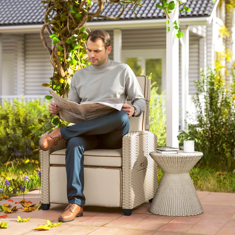 Best 145° Reclining Rattan Armchair, with Footrest - Khaki/Beige - Image 2