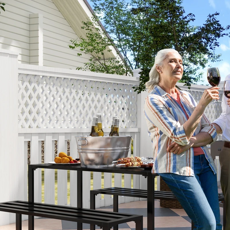 Best 3 Pieces Picnic Bench Set with Table and 2 Benches, Slated Design Dining Trestle Beer Table and Seat, Black - Image 8