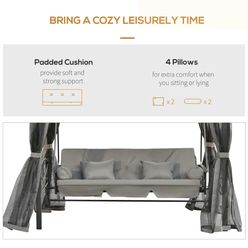 Best 3 Seater Swing Chair 3-in-1 Convertible Garden Swing Seat Bed Gazebo Patio Bench Outdoor with Double Tier Canopy, Cushioned Seat, Mesh Sidewalls, Grey - Image 8