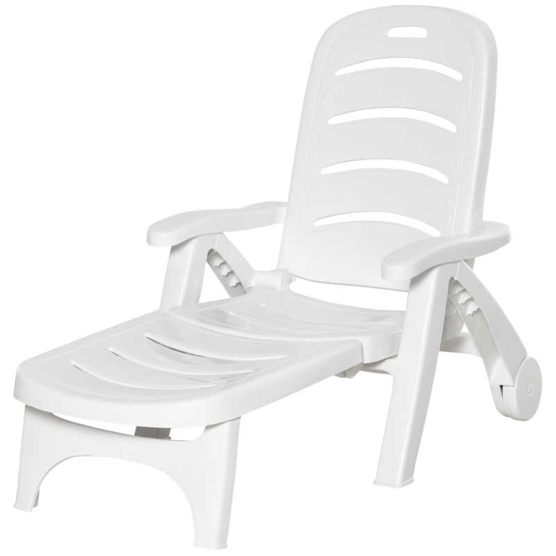 Best Outdoor Folding Sun Lounger Recliner on Wheels w/ 5-Position Backrest, White - Image 11