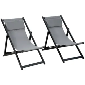 Best Set of 2 Folding Garden Beach Aluminium Frame Deck Chairs Deckchairs Seaside Folding Garden Patio Lounger, Grey