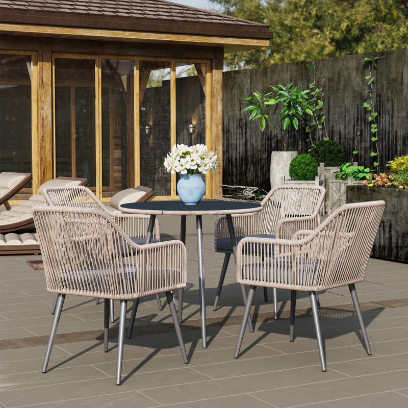 Best 4 Seater Rattan Dining Set, Rattan Garden Furniture Set with Parasol Hole, Outdoor Dining Table and Chairs Set with Cushions, Round Glass Top Table for Patio, Balcony, Light Brown - Image 9