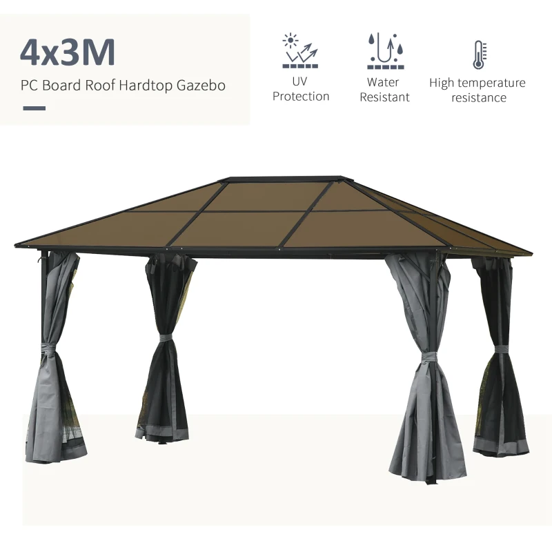 Best 3 x 4m Hardtop Gazebo Canopy with Polycarbonate Roof, Aluminium Frame, Permanent Pavilion Garden Gazebo with Netting and Curtains - Grey - Image 4