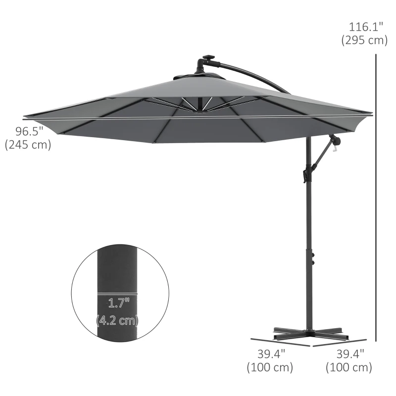 Best 3(m) Cantilever Parasol with Solar LED Lights, Garden Umbrella with Cross Base and Crank Handle, Hanging Offset Banana Sun Shade for Outdoor, Patio, Grey - Image 3