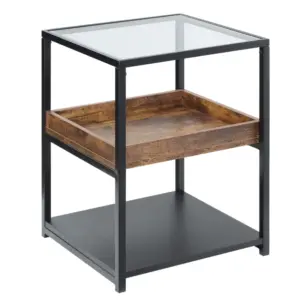 Best Industrial Side Table, 3-Tier End Table with Glass Top, Storage Shelves, Nightstand with Steel Frame for Bedroom, Living Room, Rustic Brown