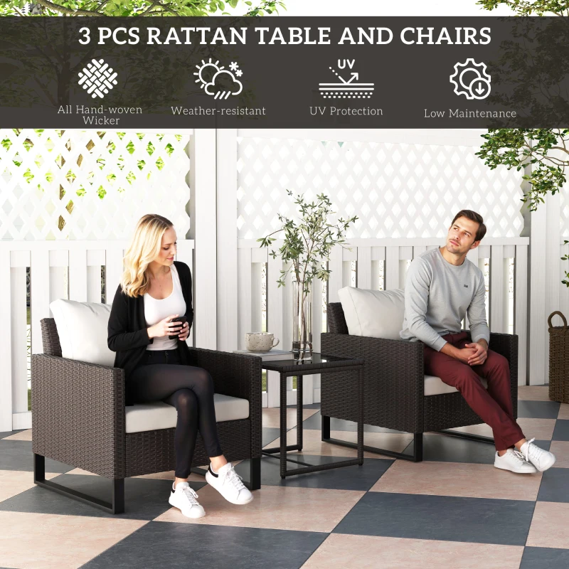 Best 3 Pieces Rattan Bistro Set with 4 Cushions, Wicker Garden Furniture Set, Glass Top Coffee Table and Chairs for Outdoor Patio, Balcony, Terrace and Conservatory, Brown - Image 4