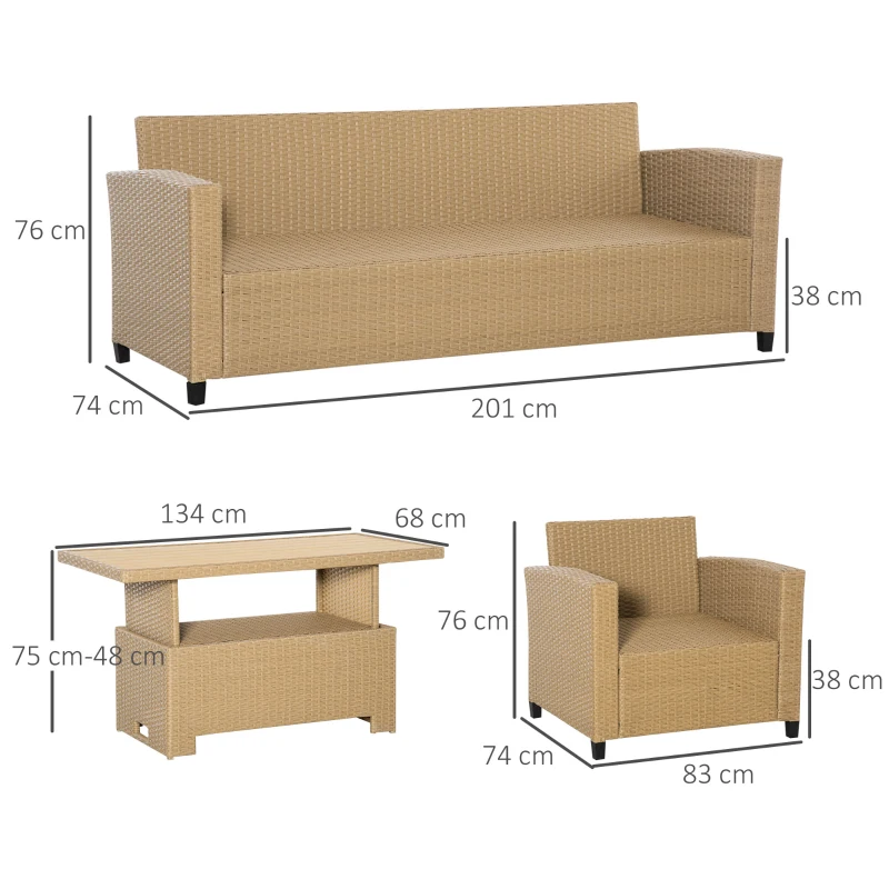 Best 4 PCS Outdoor PE Rattan Sofa Set, Patio Twin Wicker Aluminium Frame Conversation Furniture w/ Adjustable Wood Grain Plastic Table-top Table & Thick Cushion for Garden, Backyard, Lawn, Khaki - Image 3