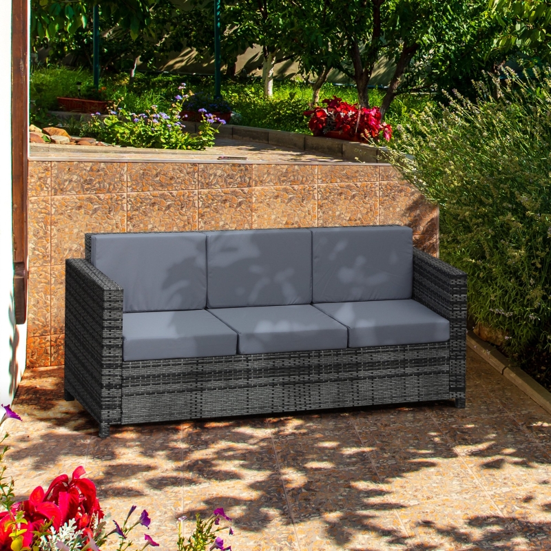 Best 3 Seater All Weather Outdoor Sofa, Garden Rattan Sofa with Cushions and Mental Frame, Grey - Image 11