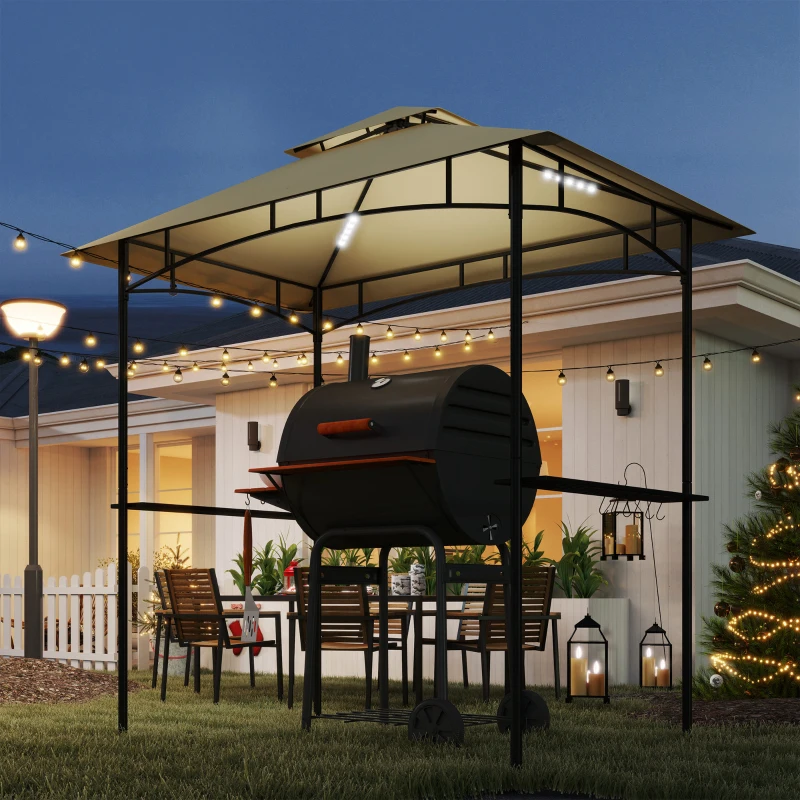 Best 8' x 5' Grill Gazebo, Double Tiered BBQ Gazebo Shelter Canopy with LED Lights, 2 Side Shelves, Hooks, Beige - Image 8