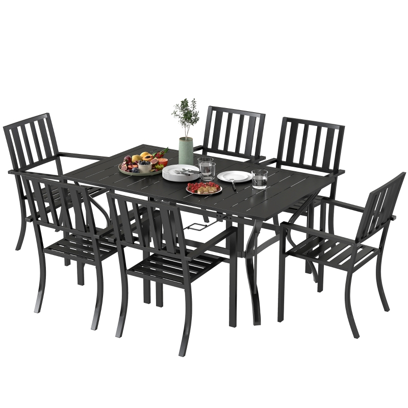 Best 7 Pieces Garden Table and Chairs 6 Seater Outdoor Table and Chairs with Umbrella Hole, for Poolside, Garden, Black - Image 11