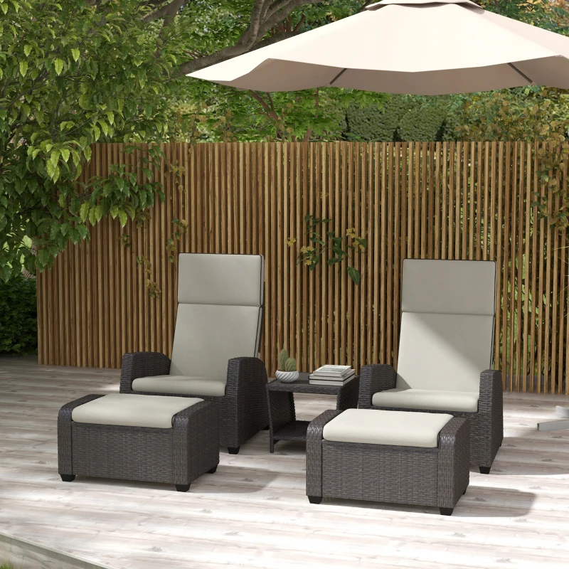 Best 5-Piece Rattan Patio Reclining Chair Set with Footstools, Coffee Table, Cushions, for Outdoor Garden, Brown - Image 2
