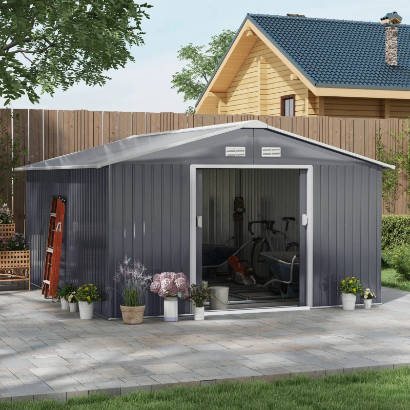 Best 13 x 11ft Metal Garden Shed, Outdoor Storage Tool House with Ventilation Slots, Foundation Kit and Lockable Double Doors, Grey - Image 2