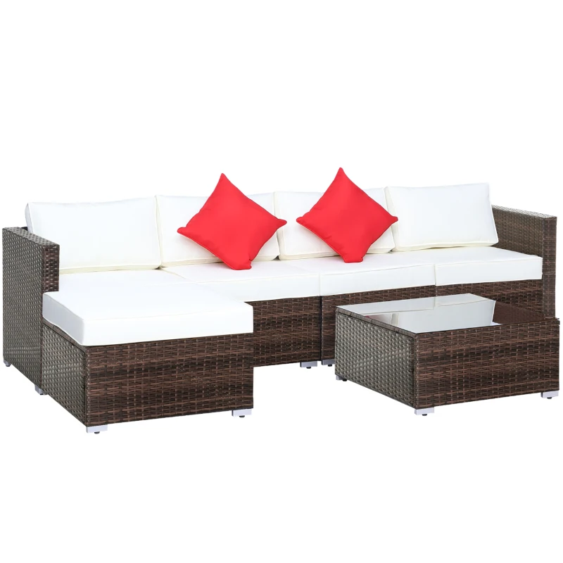 Best 6 Pieces Rattan Garden Furniture Set, 5 Seater Sectional Garden Corner Sofa Set with Glass Top Coffee Table, Cushions and Pillows, All-Weather Wicker Conversation Furniture, Cream White
