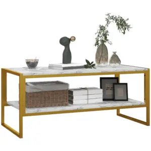 Best Coffee Table, Two-Tier Marble Centre Table with Metal Frame and Storage Shelf for Living Room, 106 x 50 x 45cm, White