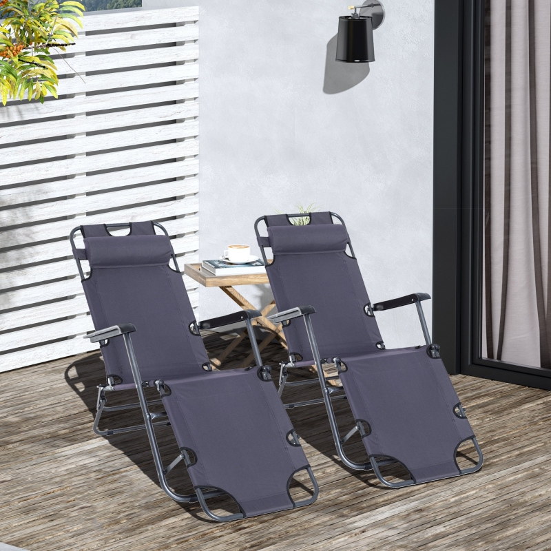 Best 2 Pieces 2 in 1 Sun Lounger Folding Reclining Chair Garden Outdoor Camping Adjustable Back with Pillow, Grey - Image 10