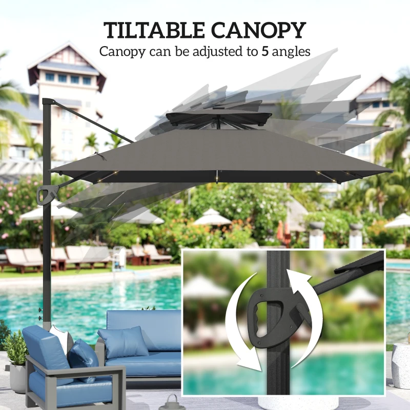 Best 3.5x3 m Garden Cantilever Parasol with Solar LED Lights and Centre Light, Aluminium Large Square Patio Umbrella, UPF50+ Hanging Sun Shade with Cross Base, Crank Handle and Tilt, Grey - Image 7
