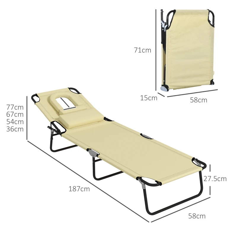 Best Outdoor Folding Sun Lounger Set of 2 with Face Hole, 4 Level Adjustable Backrest Reclining Garden Lounger, Garden Recliner Sunbed with 600 D Oxford Cloth Seat and Pillow for Beach, Beige - Image 3