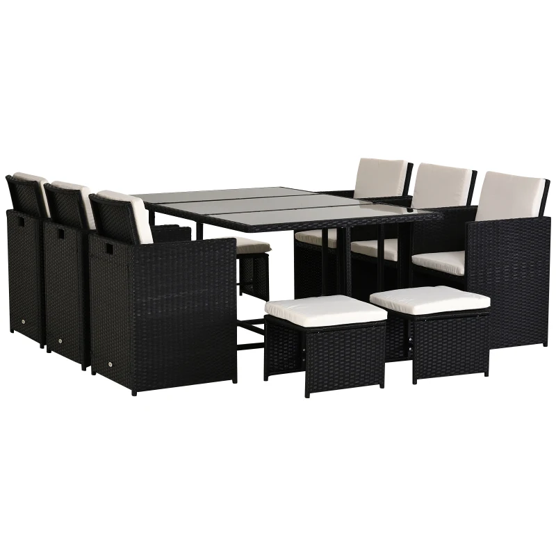 Best Rattan Dining Set Garden Furniture Patio set 11 PC with Cushion Black /Milk White