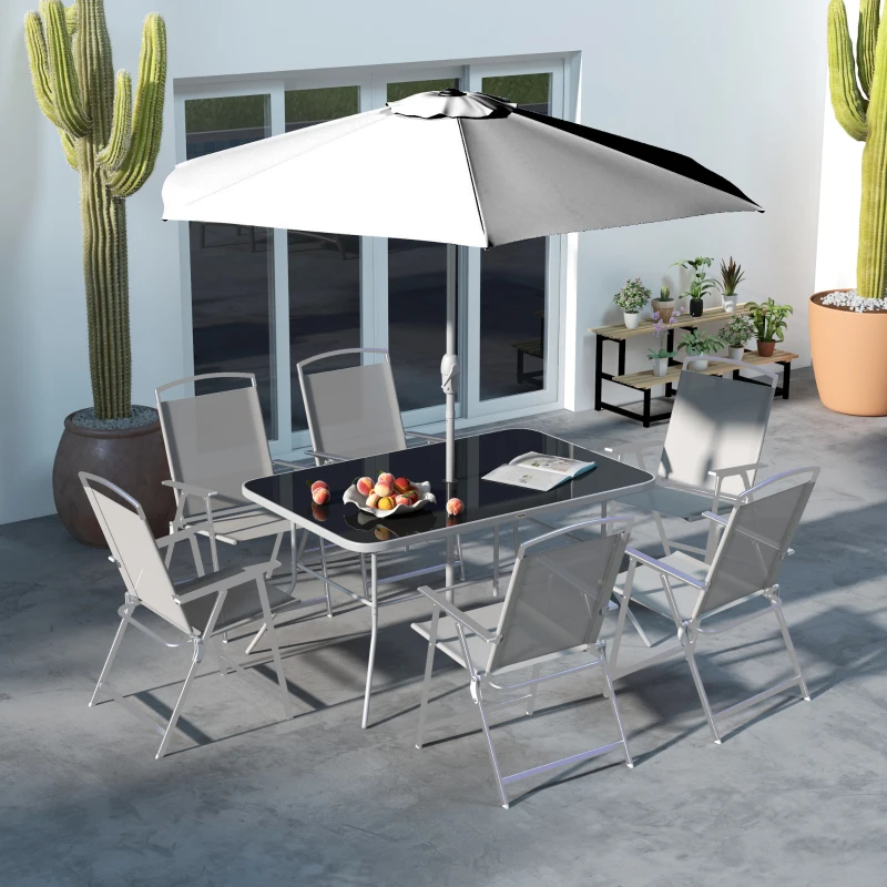 Best Eight-Piece Garden Dining Set, with Chairs, Table and Parasol - Grey - Image 2