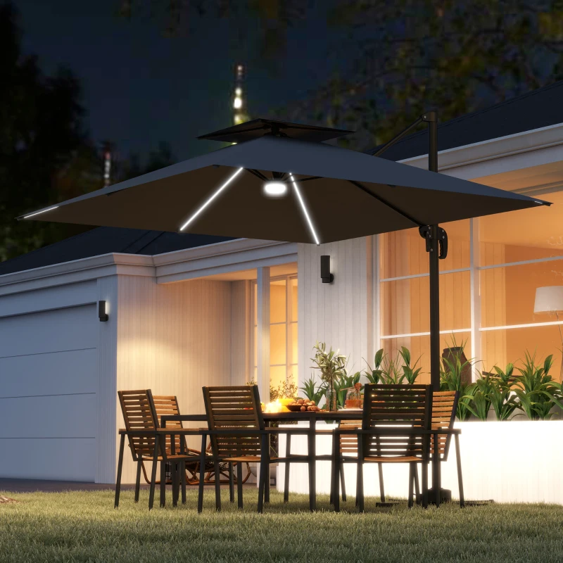 Best 2.5m Cantilever Parasol with Solar Powered LED Lights, 360° Rotation, Tilt Adjustment, Crank Handle, Dark Grey - Image 2