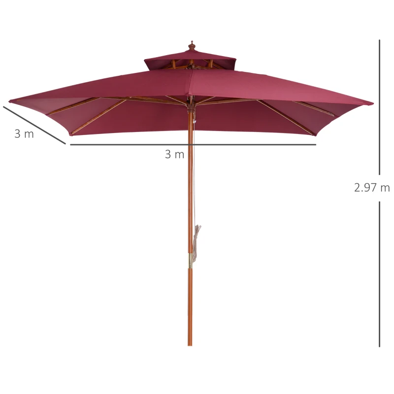 Best 3 x 3(M) Garden Parasol Umbrella Sunshade, Outdoor Wooden Parasol with Double Tier Canopy, Wine Red - Image 3