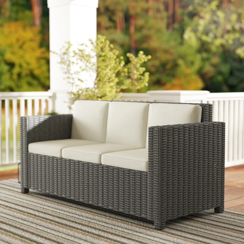 Best 3 Seater Rattan Sofa All-Weather Wicker Weave Metal Frame Chair with Fire Resistant Cushio-Cream - Image 8