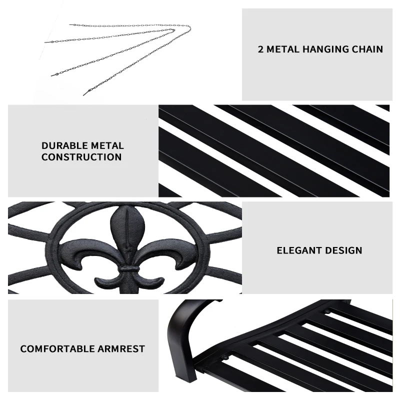 2 Seater Swing Seat Bench, Metal Garden Swing Chair with Chains, Weather Resistant, for the Patio, Yard, Deck and Yard, Black - Image 5