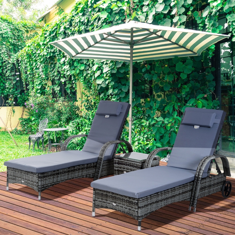 Best 3 Pieces Rattan Sun Loungers, Garden Wicker Wheeling Recliner , PE Rattan Lounge Chairs w/ Cushions & Side Coffee Table Grey - Image 12