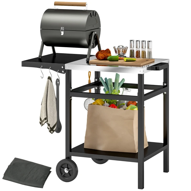 Best BBQ Trolley with Stainless Steel Top and Foldable Side Table, Outdoor Kitchen BBQ Station with Hooks and Shelf, Pizza Oven Table Movable Outdoor Grill Dining Cart with Cover, Black