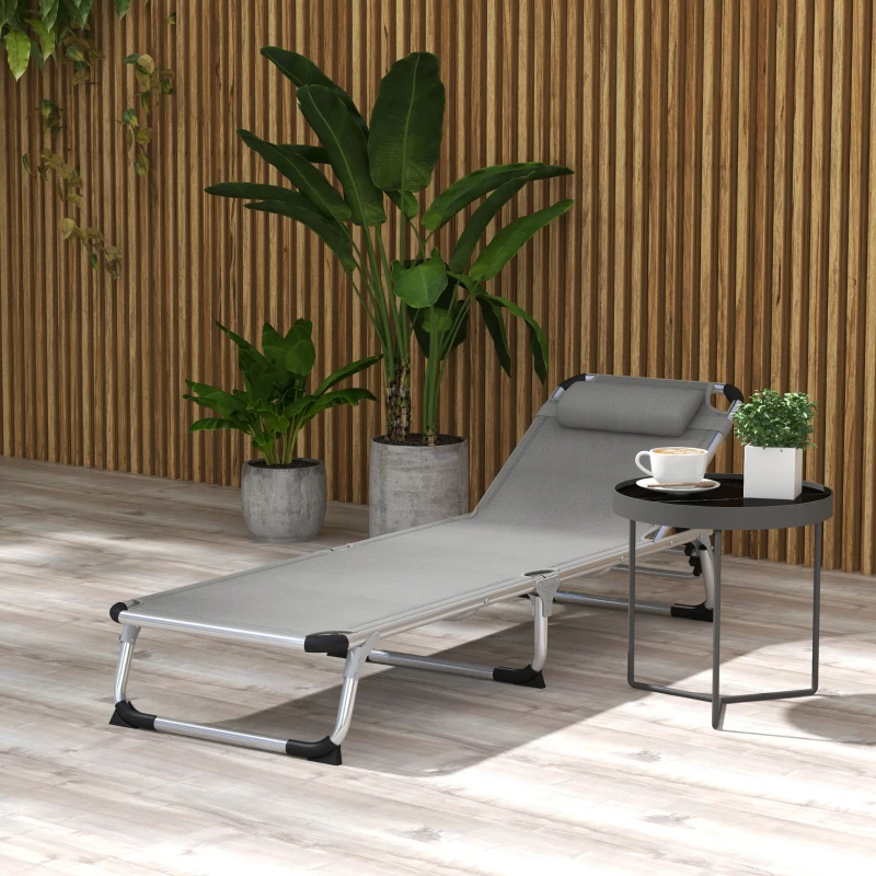 Best Foldable Reclining Sun Lounger Lounge Chair Camping Bed Cot w/ Pillow 4-Level Adjustable Back Aluminium Frame Grey - Image 2