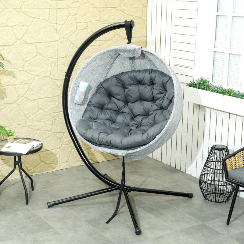 Best Hanging Egg Chair Outdoor Indoor Garden Swing Chair with Folding Basket, Garden Hanging Chair with Stand, Thickened Cushion, Cup Holder for Patio, Balcony, Grey - Image 2