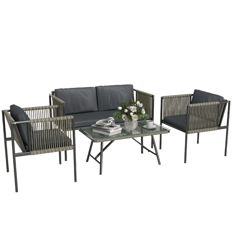 Best 4 Piece Rattan Garden Furniture Set, 4 Seater Wicker Outdoor Furniture Set with 2 Armchairs, Loveseat, Glass Top Coffee Table and Cushions for Balcony, Porch, Grey - Image 10