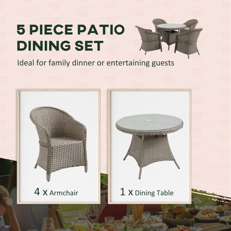 Best 4 Seater Rattan Garden Furniture Set with Cushions, Round PE Rattan Dining Set with Glass-Top Table, Umbrella Hole, Outdoor Garden Table and Chairs, Mixed Grey - Image 4