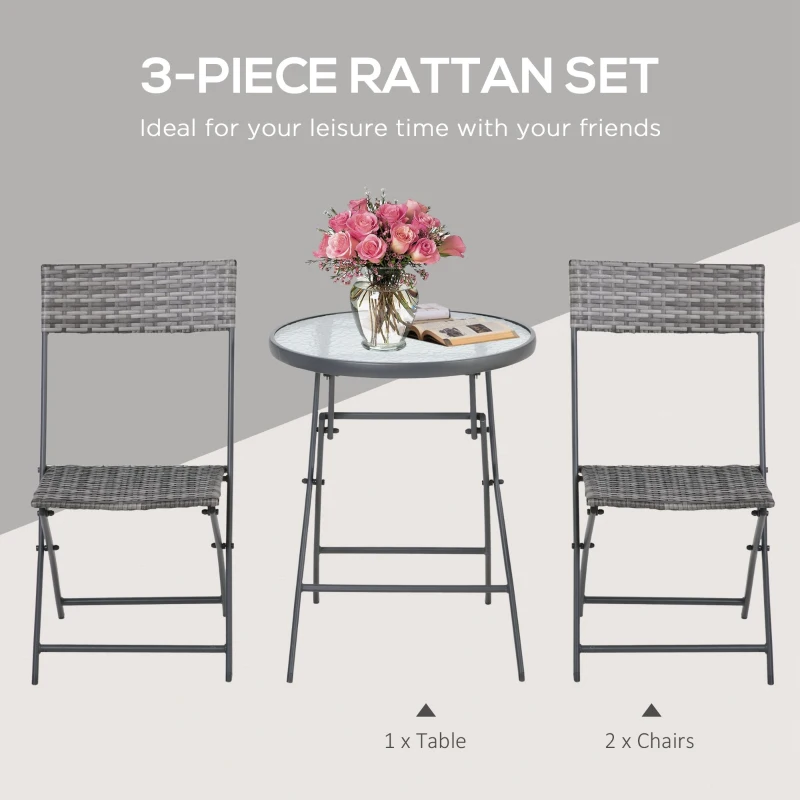 Best 3 Pieces Rattan Bistro Set, Wicker Folding Garden Furniture Set with Glass Top Coffee Table and Chairs for Outdoor, Patio, Balcony, Grey - Image 4