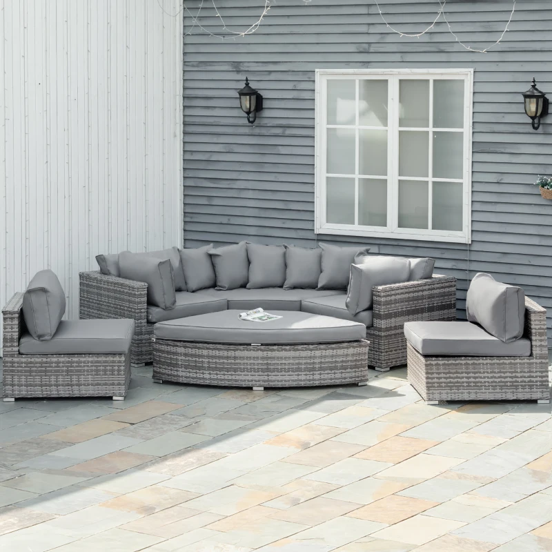 Best 6 Pieces Outdoor PE Rattan Wicker Sofa Set with 10cm Thick Padded Cushionsand Half Round Patio Conversation Furniture Set with Angled Corner Designand Ottomansand and Back Pillows, Grey - Image 2