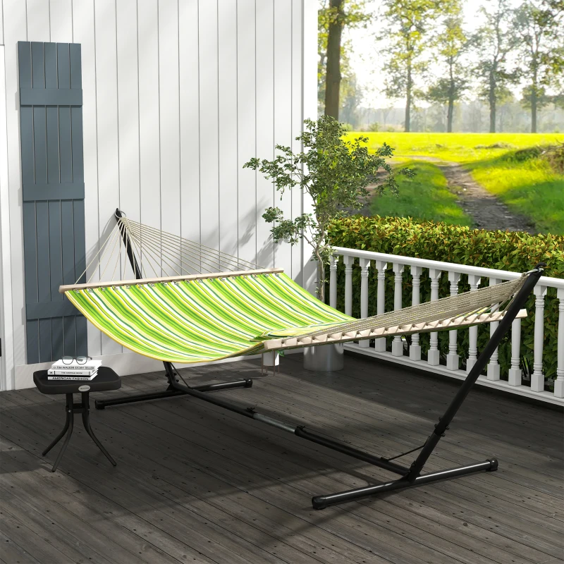 Best Outdoor Garden Hammock with Stand, Double Cotton Hammock with Adjustable Steel Frame, Swing Hanging Bed with Pillow, for Garden, Patio, Beach, Green Stripes - Image 2
